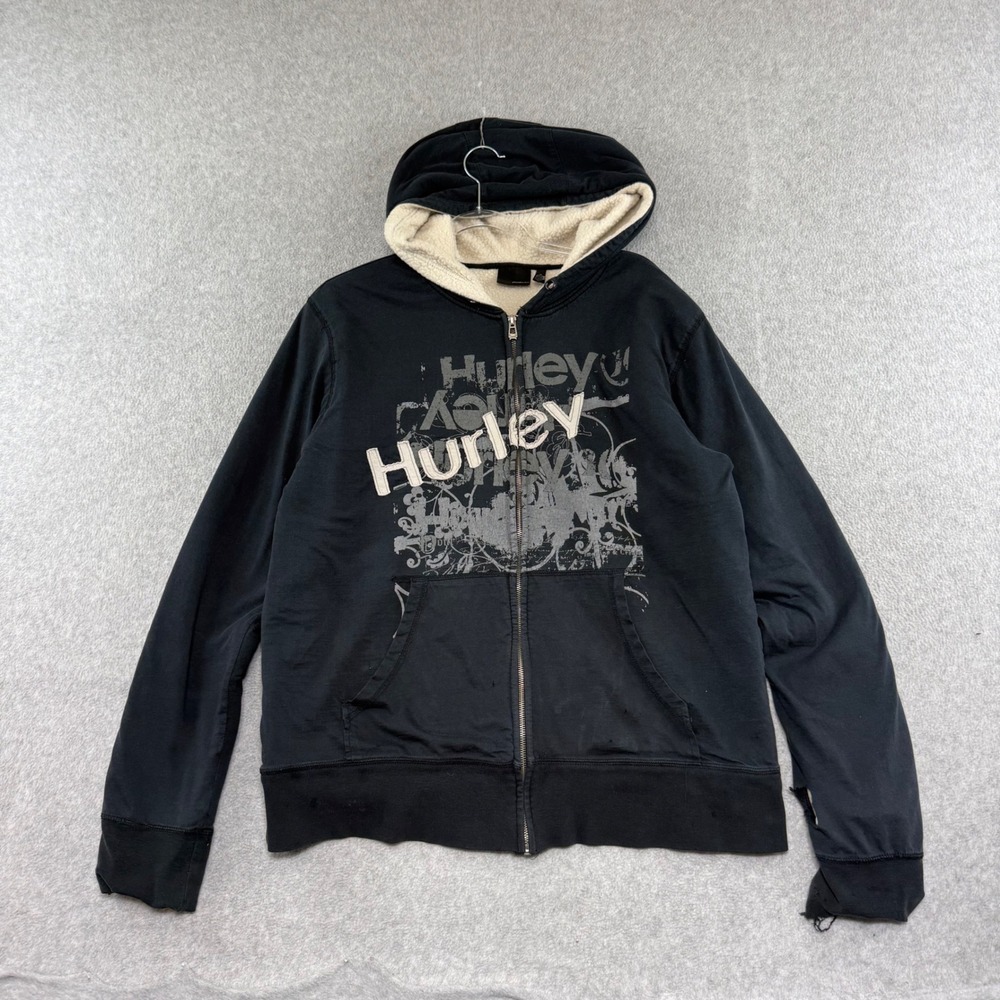 Hurley Zip Up Hoodie Mens XL Black Y2K Sherpa Lined Graphic Distressed 2007